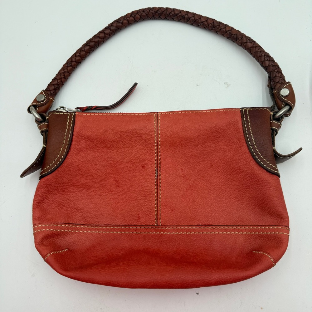 Fossil Womens Orange Red Braided Leather Handbag Purse Small VTG Bag